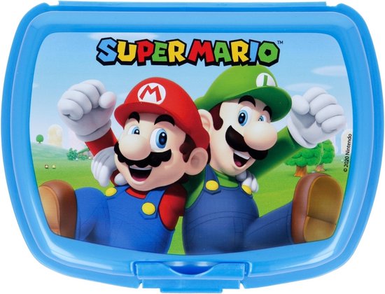 Boîte à pain bleue avec sur le couvercle Super Mario et Luigi qui rient, avec le texte "SUPER MARIO".