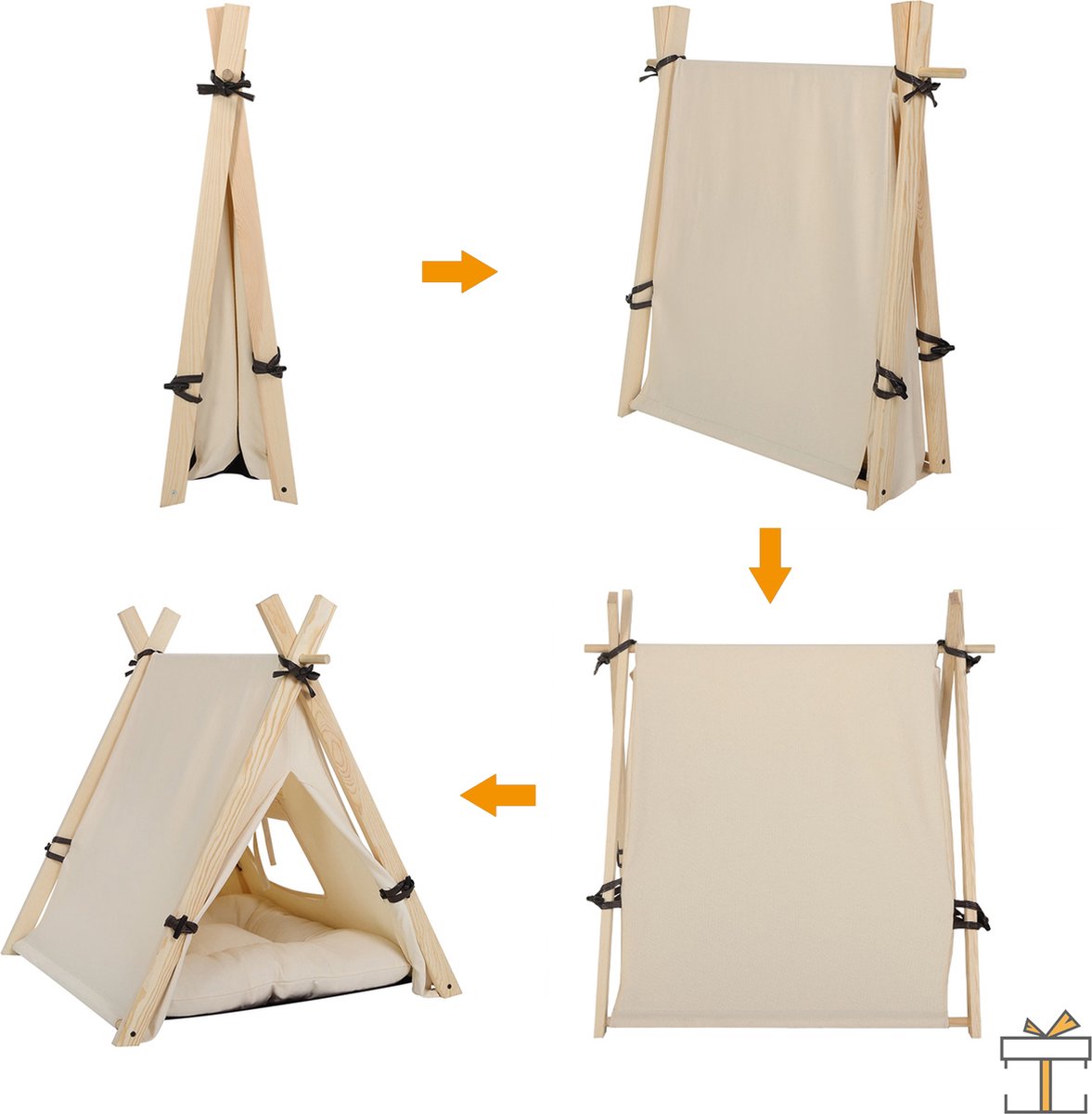 Tente tipi pour animaux - teepee chien chat - coussin épais grand confort  inclus - structure bois de pin feutre polyester gris