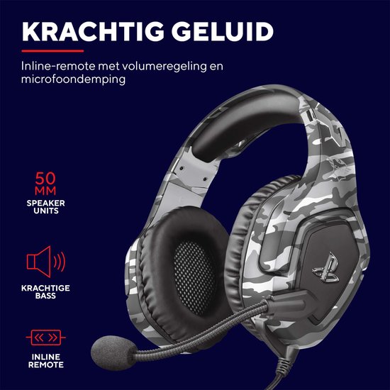 Grijze gaming headset met camouflagepatroon, met 50mm speaker units en inline remote.