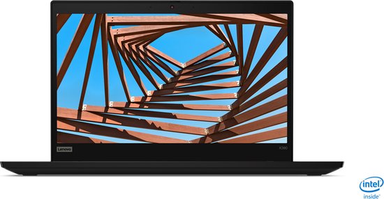 Vooraanzicht van een zwarte Lenovo ThinkPad X390-laptop met een abstracte houten structuur op het scherm.
