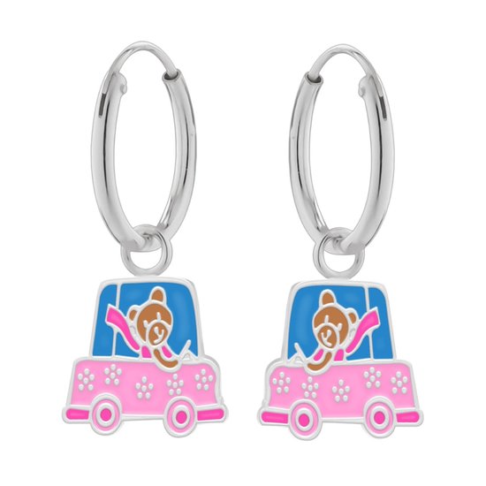 Oorbellen meisje | Zilveren kinderoorbellen | Zilveren oorringen met hanger, beer met sjaal in roze auto