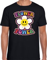 Jaren 60 Flower Power verkleed shirt zwart met emoticon bloem heren - Sixties/jaren 60 kleding S