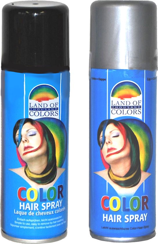 Twee bussen haarspray, één zwart en één zilverkleurig, met opdruk van een vrouw met gekleurd haar.