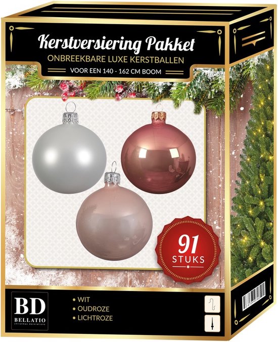 Kerstbal en piek set 91x wit-oud roze-lichtroze voor 150 cm boom -  Kerstboomversiering | bol.com