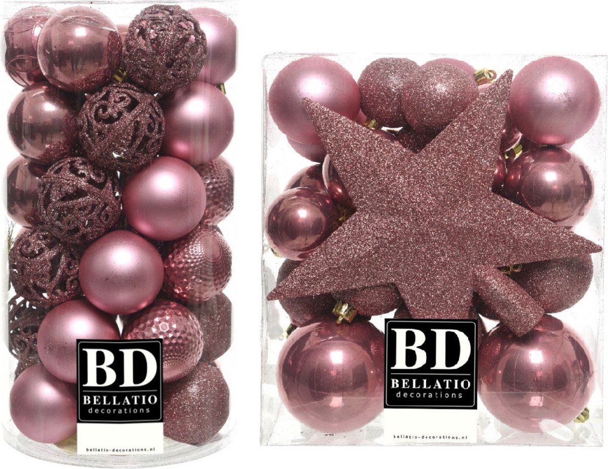 70 kunststof kerstballen in oudroze velvet mix met ster piek - Kerstversiering in verschillende tinten roze.