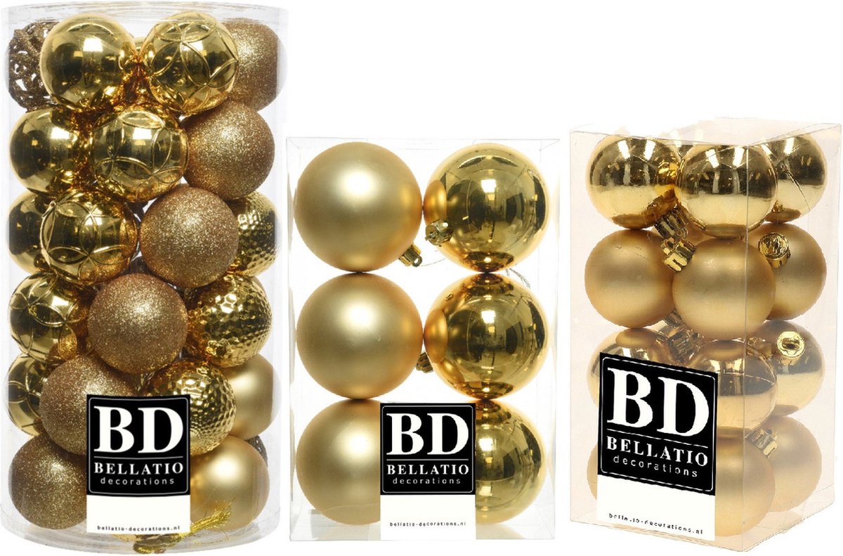 Gouden kunststof kerstballen in glans, mat en glitter mix - 4, 6 en 8 cm - Kerstversiering