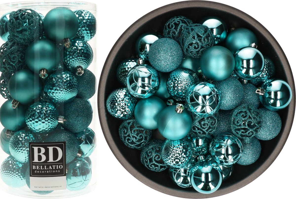 Bellatio Decorations Kerstballen mix - 74-delig - turquoise blauw - 6 cm - kunststof