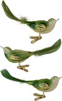 3x stuks luxe glazen decoratie vogels op clip groen 11 cm - Decoratievogeltjes - Kerstboomversiering