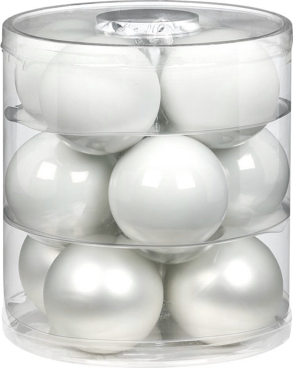 Set van 24 glazen kerstballen in wit, 8 cm, glanzend en mat. Kerstboomversiering van Inge Glas.