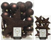 Décorations de Noël boules et pendentifs en plastique marron foncé 5-6-8 cm paquet de 39x pièces - Avec pic en forme d'étoile de 19 cm