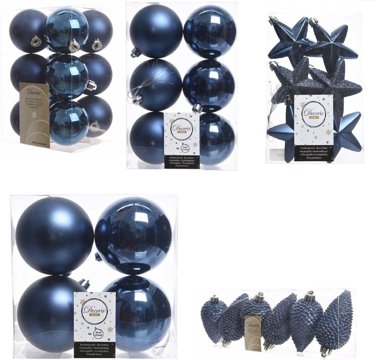 Decoris kerstversiering kunststof kerstballen donkerblauw - 6-8-10 cm - 68x stuks - mix mat en glans - sterren en dennenappels