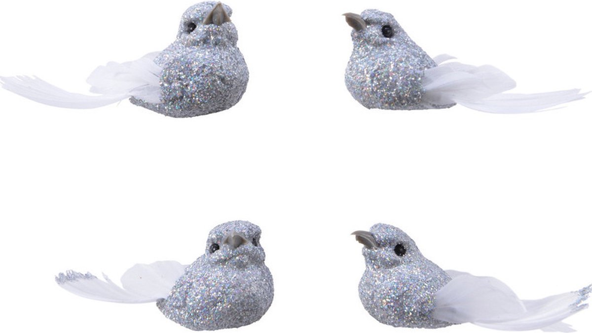 4x Decoratie glitter vogeltjes zilver op clip 5 cm - Kerstboomversiering vogels - Hobby/knutsel materiaal