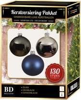 Kerstbal en piek set 130x zilver-grijsblauw-donkerblauw voor 180 cm boom - Kerstboomversiering