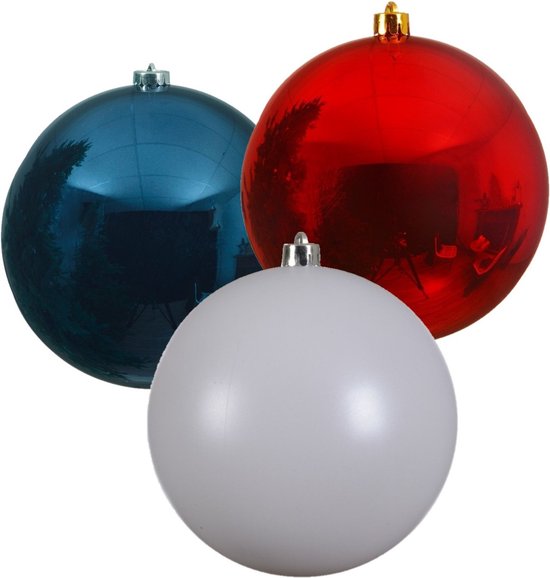 3x grosses boules de Noël de 20 cm brillant en plastique rouge bleu et blanc - Décorations de Noël