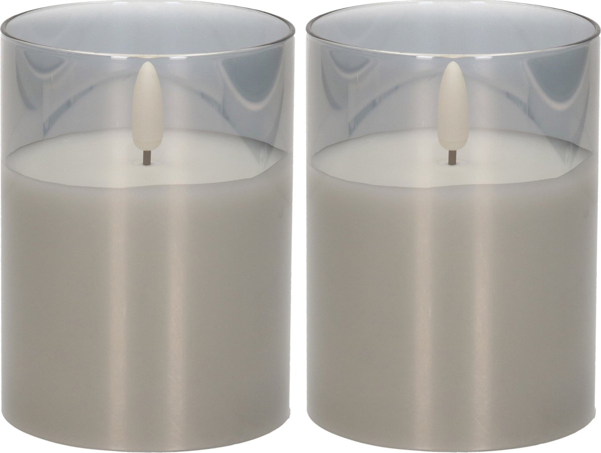 Cepewa LED Kaars - 2x stuks - met timer - grijs - glas - 7 x 10 cm - met timer - Woondecoratie - Elektrische kaarsen