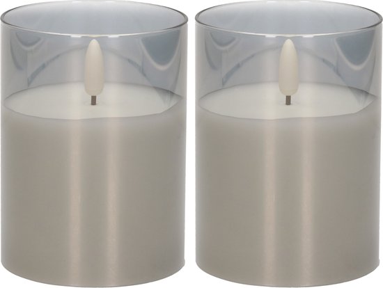 2x stuks luxe led kaarsen in grijs glas D7,5 x H10 cm - met timer - Woondecoratie - Elektrische kaarsen