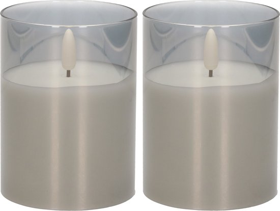 2x stuks luxe led kaarsen in grijs glas D7,5 x H10 cm – met timer – Woondecoratie – Elektrische kaarsen