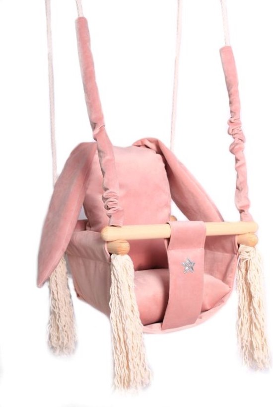 Luxe houten konijn handgemaakte roze baby schommel en kinder schommel met konijn vormig kussen – Baby swing - Schommelstoel - Schommels - Konijnen oren