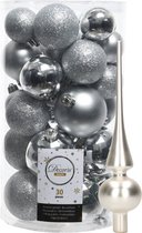 Decoris kerstballen 30x stuks - zilver 4/5/6 cm kunststof mat/glans/glitter mix en mat glazen piek 26 cm