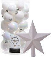 Decoris kerstballen 30x stuks - parelmoer wit 4/5/6 cm kunststof mat/glans/glitter mix en kunststof piek 19 cm