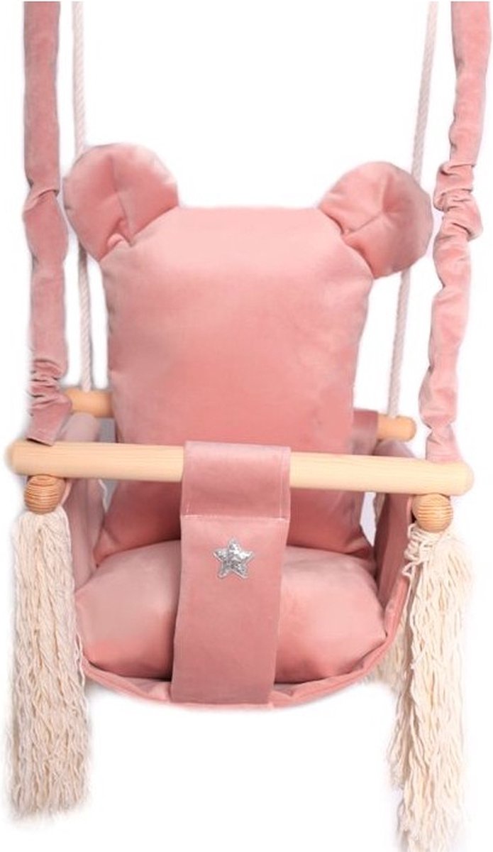 Luxe houten handgemaakte roze baby schommel en kinder schommel met beer oor vormig kussen