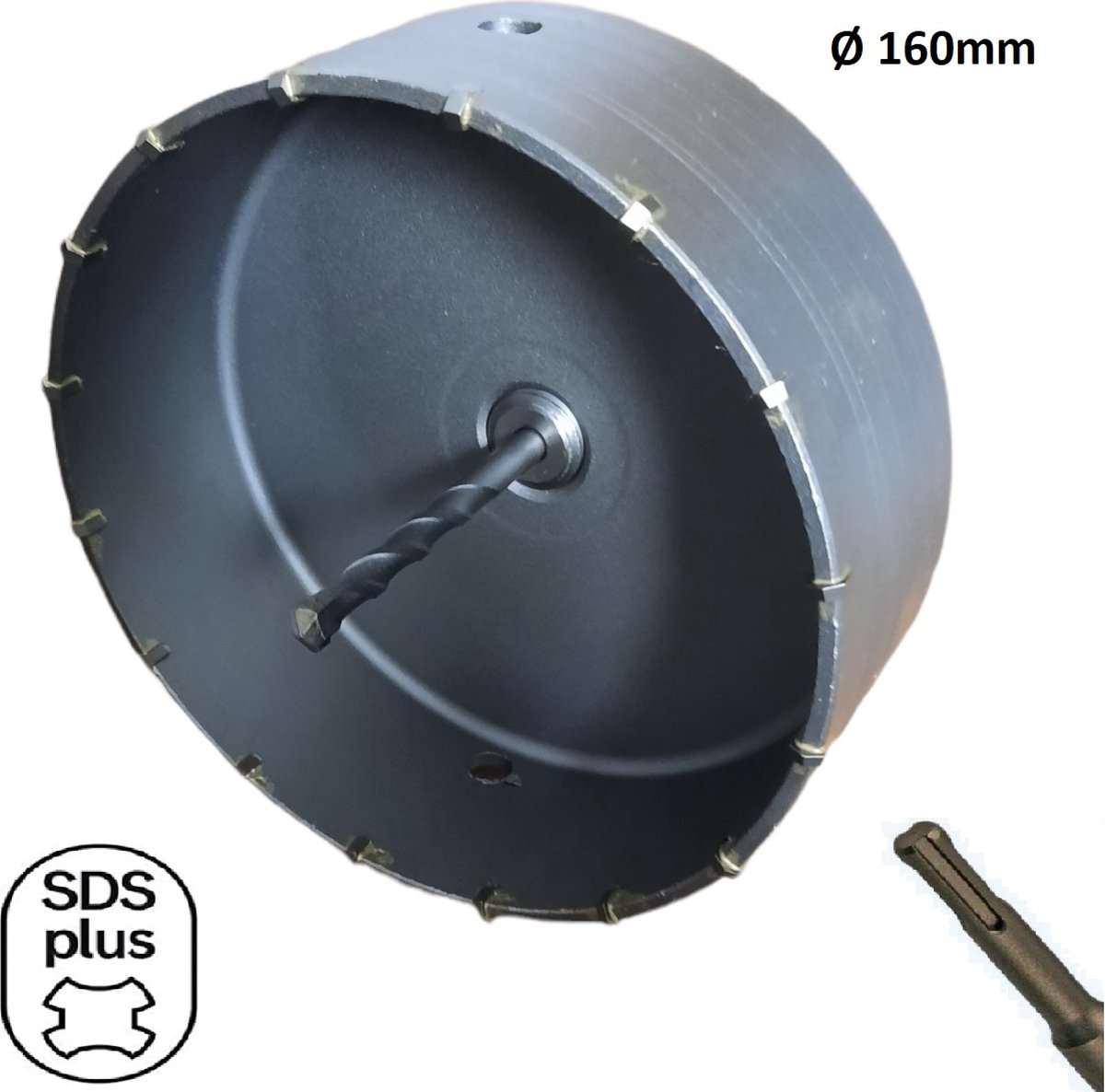 SDS-PLus boorkroon Ø dia 160mm Gatenboor, betonboor, kernboor, diamantboor, dozenboor, booropzetstuk / SDS Plus adapter gatzagen boren met 1 vergrendelingsschroef en 1 geleidingsboor