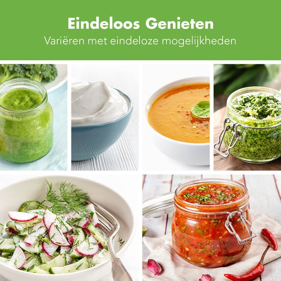 Collage van verschillende gerechten: groene smoothie, yoghurt, soep, pesto, salade en salsa.