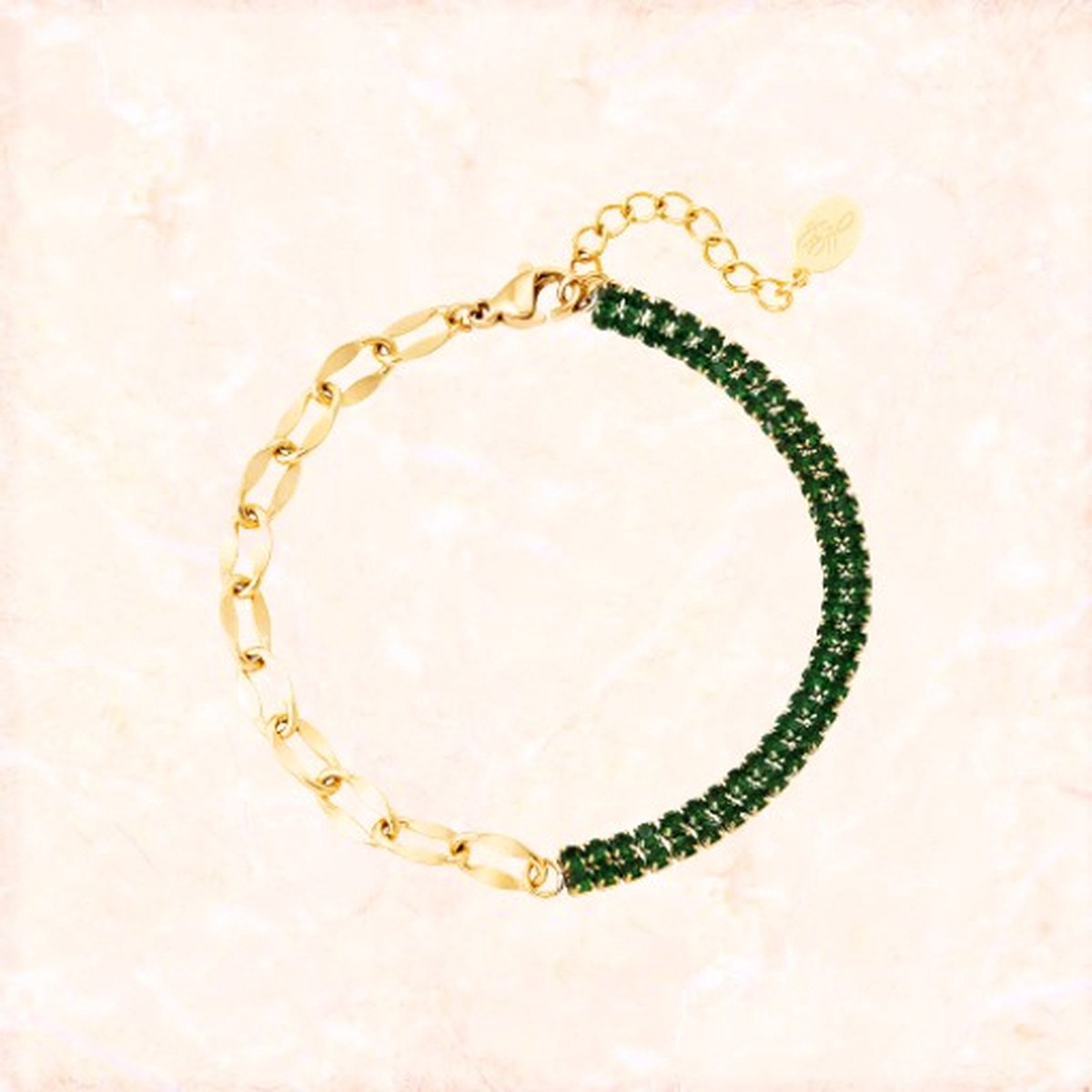 Jobo by Jet - Dames armbandje - Stainless steel - Goud - groene diamantjes - Waterproef - Prachtig armbandje