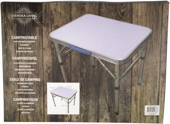 Verpakking van een opvouwbare campingtafel met meertalige tekst "CAMPINGTABLE" en "CAMPINGTAFEL".