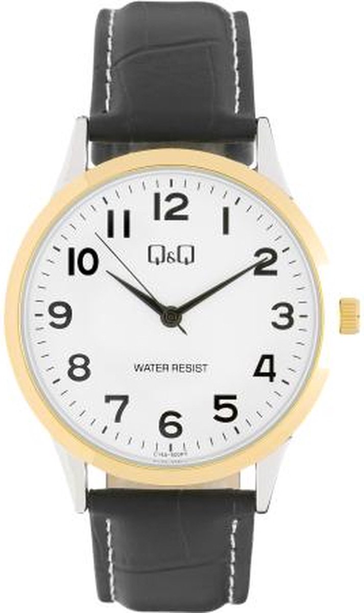 QQ C14A-500PY - Horloge - Analoog - Heren - Mannen - Leren band - Rond - Staal - Zwart - Zilverkleurig - Goudkleurig