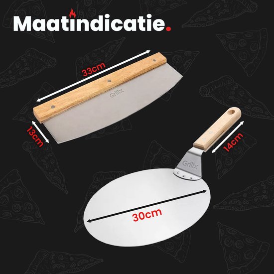 Afmetingen pizzaschep 30x14cm en pizzaznijder 33x13cm, met houten handvat.