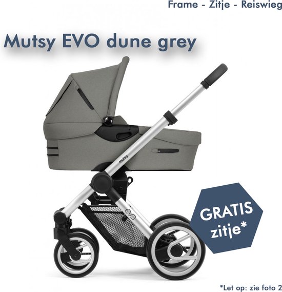 Mutsy Evo DUNE GREY kinderwagen - Reiswieg&Frame + GRATIS Buggy zitje in de kleur LAVA GREY