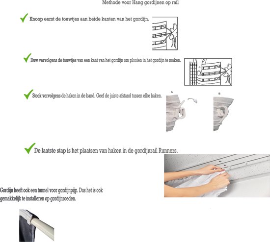 Illustratie toont methode voor het ophangen van gordijnen met plooiband en haken.