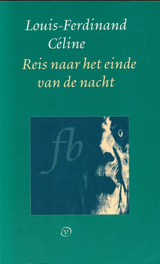 Groene boekomslag met de titel 'Reis naar het einde van de nacht' in sierlijke letters en een abstracte afbeelding.
