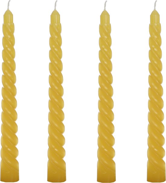 Comforder Set van 4 Gedraaide Kaarsen - 19cm Geel - Lange Draai Dinerkaarsen - Swirl/Twist Candles