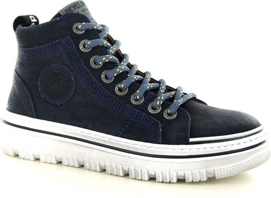 Donkerblauwe Develab hoge veterschoen met decoratieve print, rits en dikke witte zool.