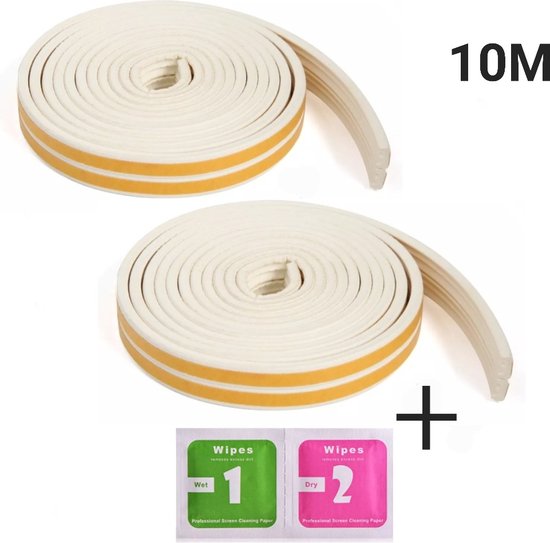 Tochtstrip 10 meter met reinigingsdoekjes - Wit - Tochtband E-profiel - Tochtstrips voor deur - Tochtstrips voor ramen - Tochtstopper - Zelfklevend                              en - Tochtstopper - Zelfklevend