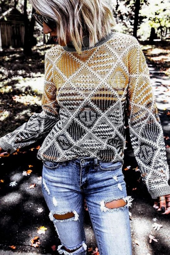 Trui Sweater Dames met col - Geometrische Print - Tabo - Maat S | bol