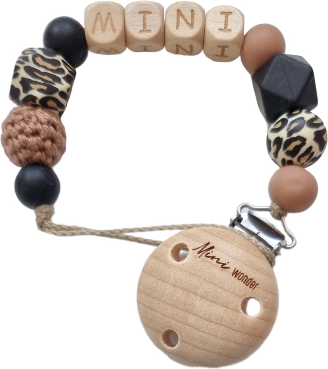 Goedkoopste MINIWONDER speenkoord - Gepersonaliseerd met naam - zwart/ hazelnoot/ luipaard
