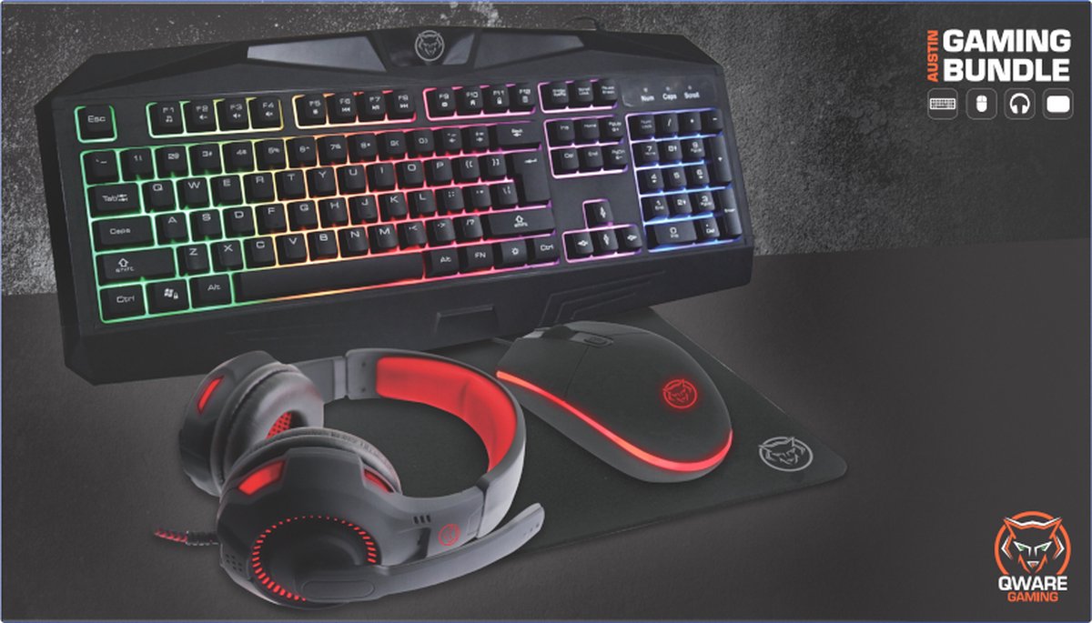 Qware Gaming - PC Gaming Bundel - Keyboard - Muismat - RGB LED Koptelefoon - Muis - Austin - Qwerty