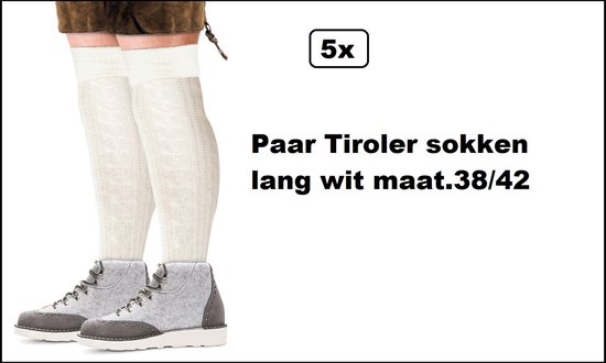 Wit gebreide Tiroler sokken tot boven de knie met kabelpatroon, maat 38-42.