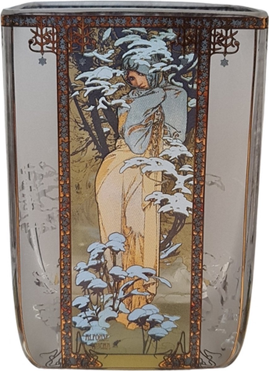 Goebel - Alphonse Mucha | Windlicht / Theelicht Winter 1900 | Glas - 10cm - waxinelicht houder - met echt goud