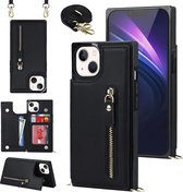 Casemania Hoesje Geschikt voor Apple iPhone 14 Plus Zwart - Luxe Back Cover met Koord - Wallet Case - Pasjeshouder