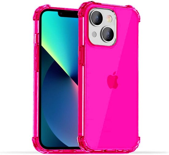Smartphonica iPhone 13 Mini transparant shockproof siliconen hoesje met stootrand - Neon Roze / Back Cover geschikt voor Apple iPhone 13 Mini