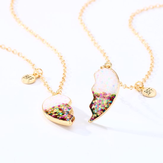 Bixorp Friends BFF Ketting voor 2 met Glitter Hartje Goudkleurig - Regenboog Vriendschapsketting - Best Friends - Meisjes
