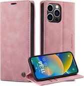 CASEME Geschikt Voor iPhone 14 Pro Retro Wallet Case - Pink