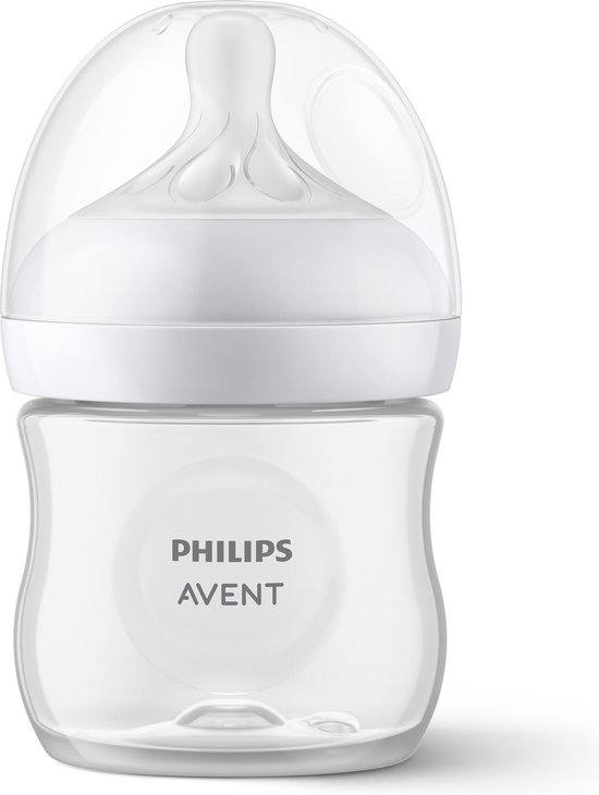 Philips Avent babyfles met speen. De fles is transparant en heeft een witte speen.