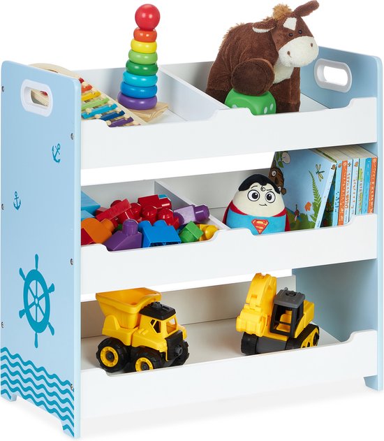 Relaxdays speelgoedkast kinderkamer - speelgoedrek 5 vakken - blauwe kinderkast speelgoed - L