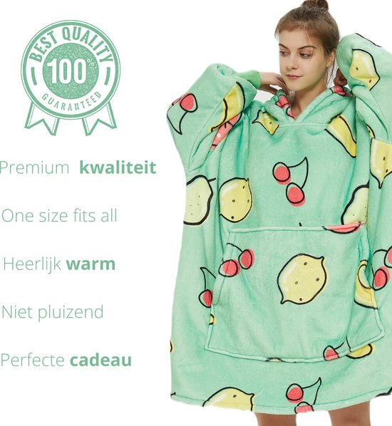 Q- Living Fleece Blanket With Sleeves - 1340 grammes - Huggle Hoodie - Couverture à capuche - Oodie - Couverture TV - Sherpa - Vert - Imprimé fruits