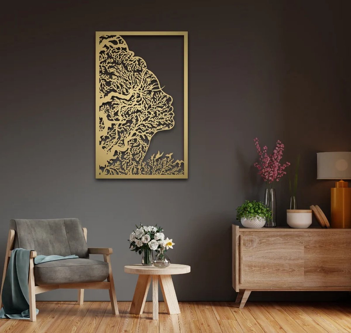 Metalen Wanddecoratie Vrouwelijk Silhouet – 3D Wandkunst – Goud – 70x44 cm